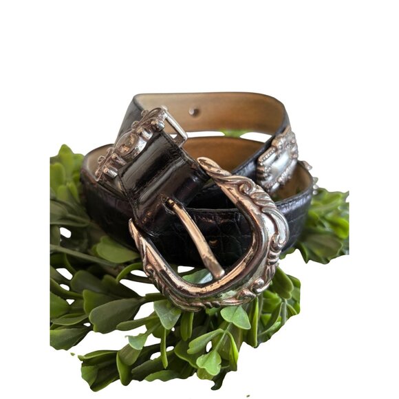 Vintage Brighton Leather Belt, Embossed Alligator Print leather, Concho Silver O - Picture 3 of 13